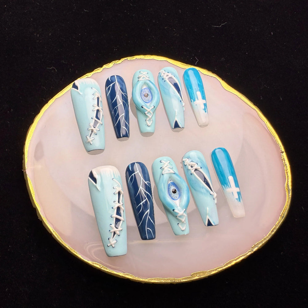 Xiguranail, Handmade press on nails, 3D nail art, blue false nails, reusable press ons,  gel nails, acrylic nails, All Saints' Day eyes nails