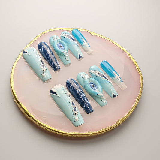 Xiguranail, Handmade press on nails, 3D nail art, blue false nails, reusable press ons,  gel nails, acrylic nails, All Saints' Day eyes nails