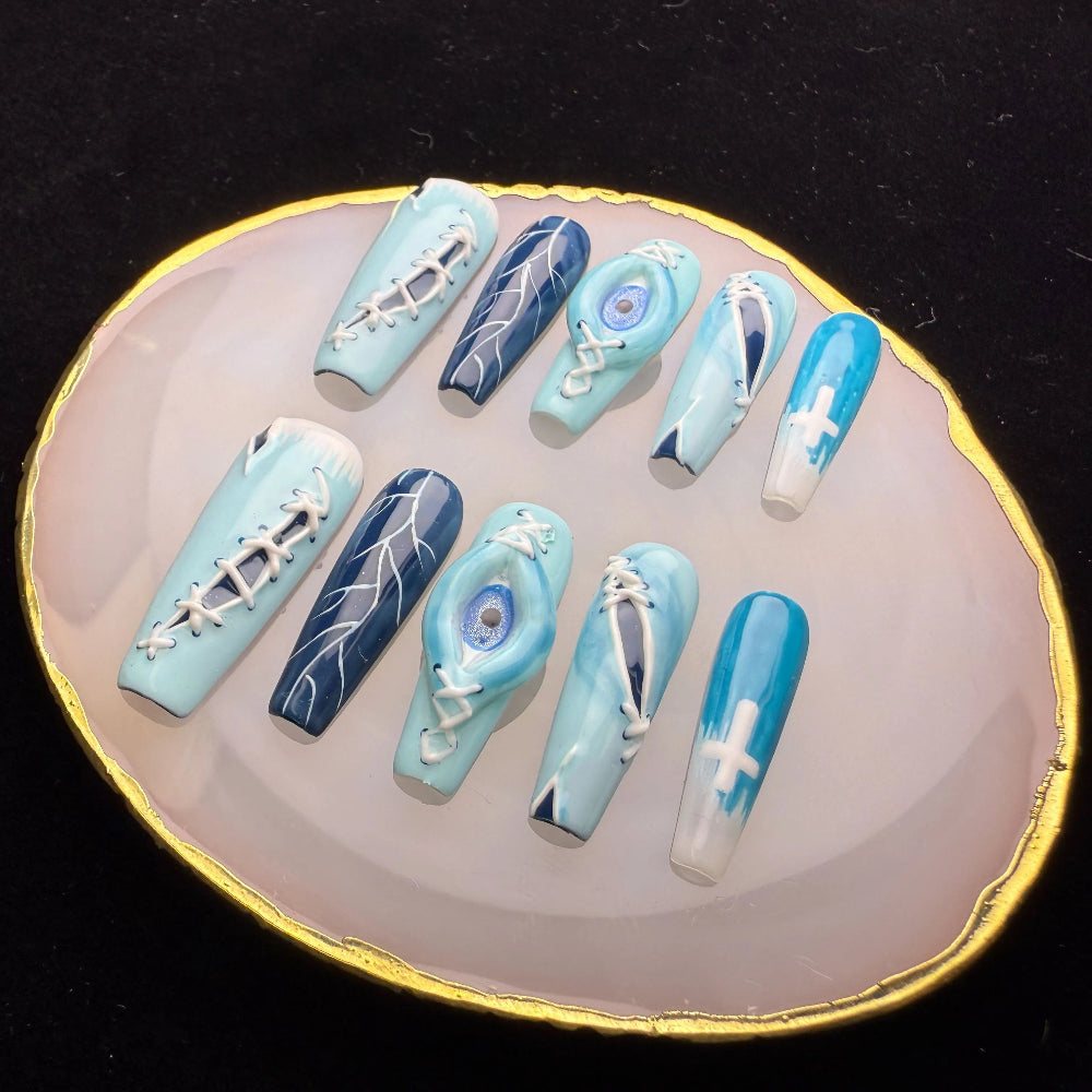 Xiguranail, Handmade press on nails, 3D nail art, blue false nails, reusable press ons,  gel nails, acrylic nails, All Saints' Day eyes nails