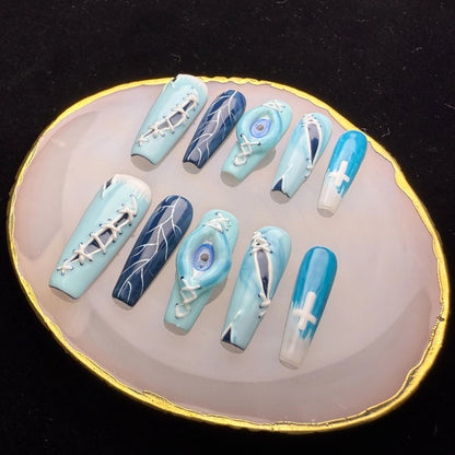 Xiguranail, Handmade press on nails, 3D nail art, blue false nails, reusable press ons,  gel nails, acrylic nails, All Saints' Day eyes nails