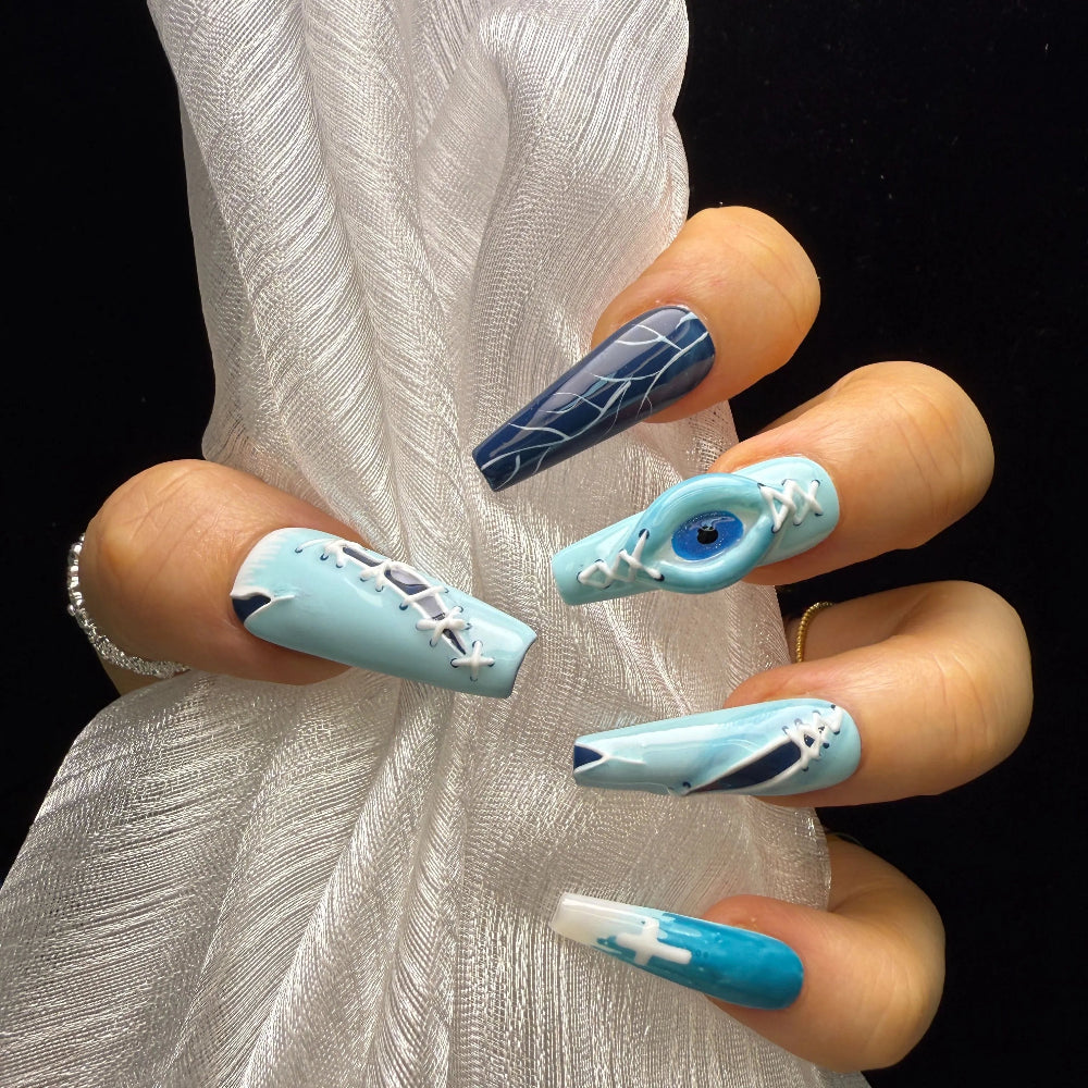 Xiguranail, Handmade press on nails, 3D nail art, blue false nails, reusable press ons,  gel nails, acrylic nails, All Saints' Day eyes nails
