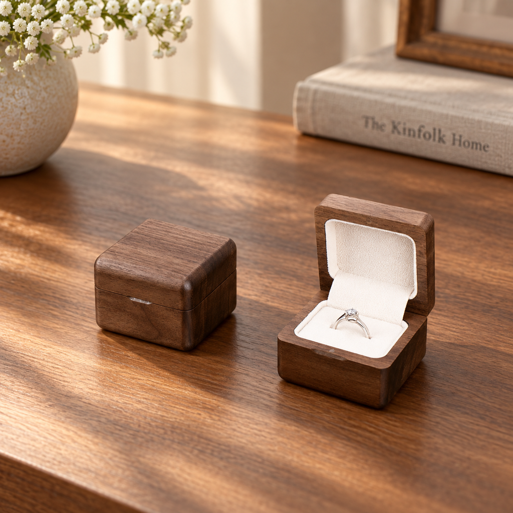 Black walnut wedding ring box styled as a meaningful keepsake for proposals, weddings, and anniversaries.
