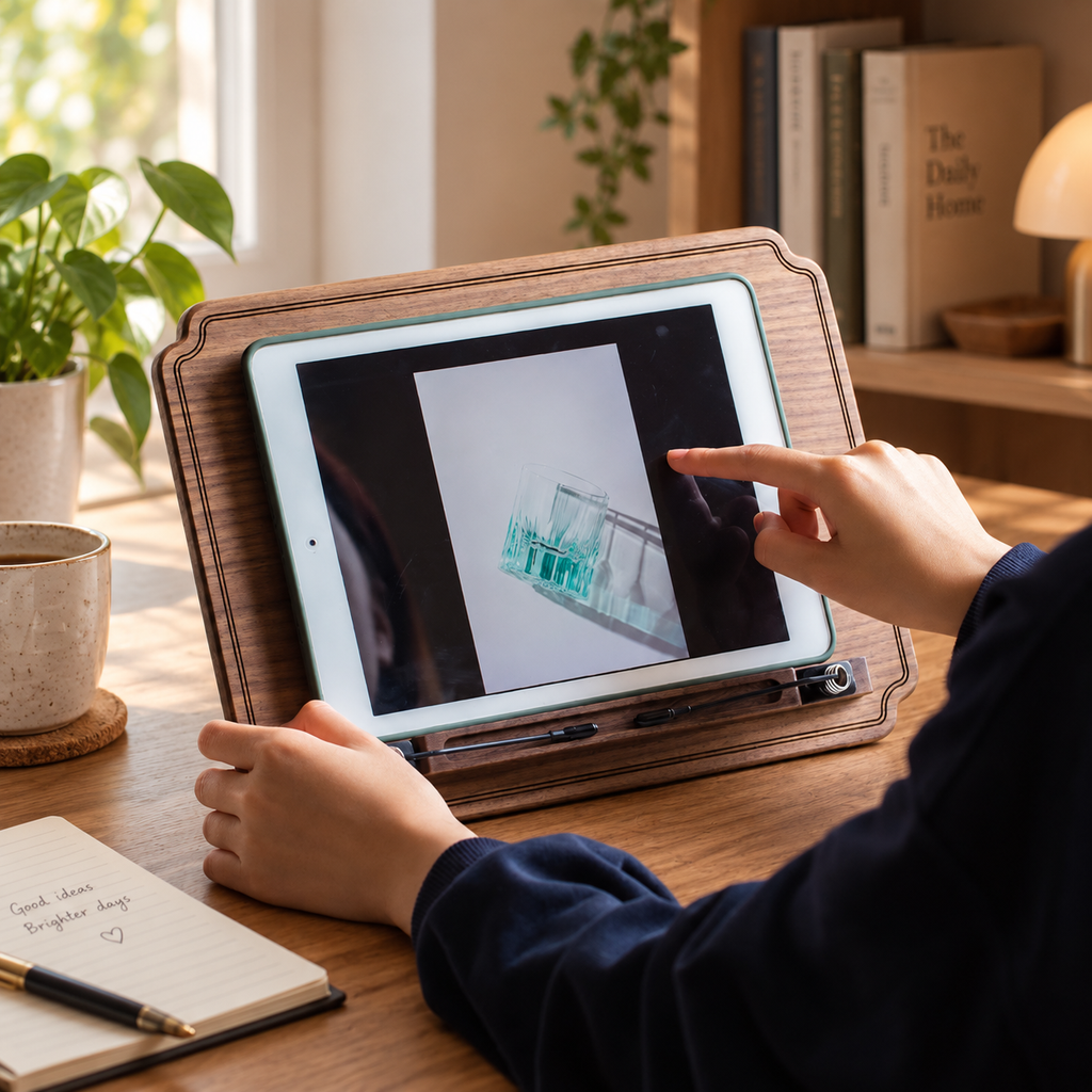 Wooden book stand styled for reading, journaling, and everyday desk use.
