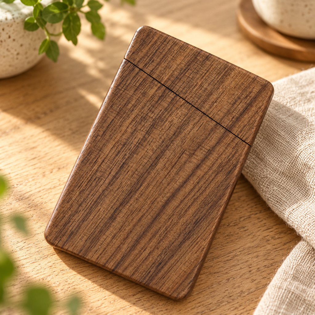 Wooden business card holder made from black walnut for keeping business cards neat and protected.
