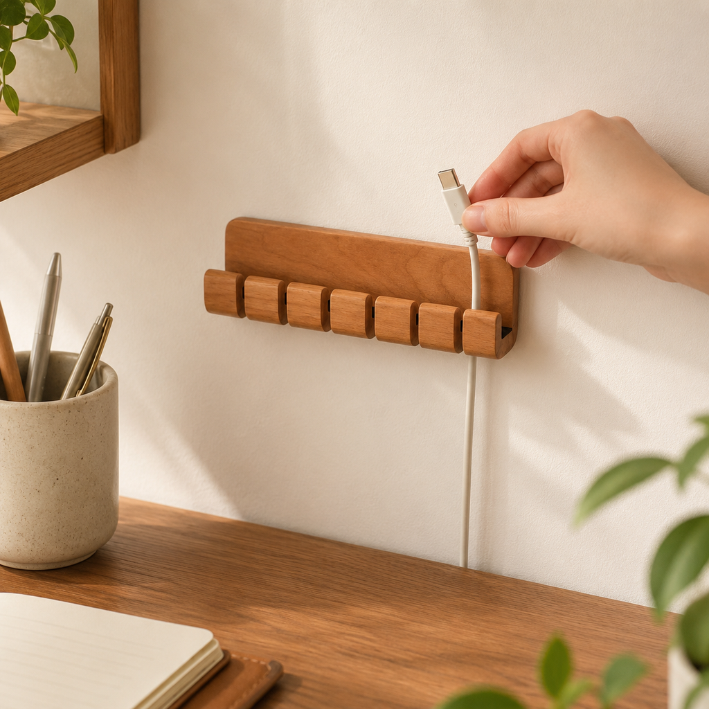 Wall-mounted wooden cable organizer holding a USB-C charging cable neatly against the wall.
