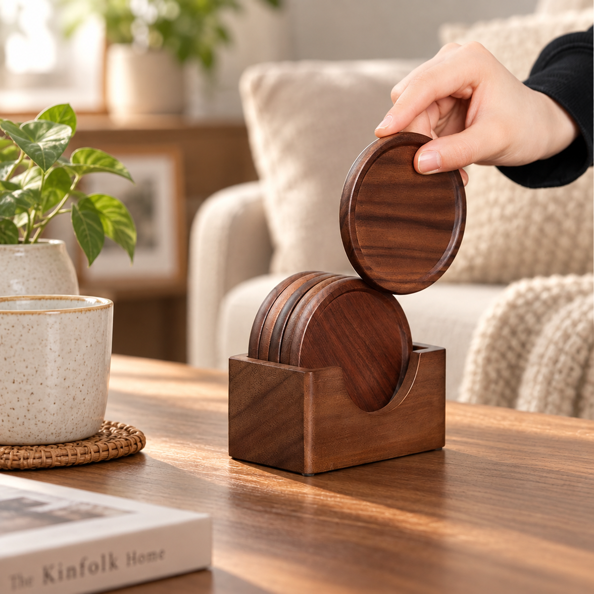 Wooden coffee coasters made from black walnut for protecting tables from mugs, cups, and everyday drinks.