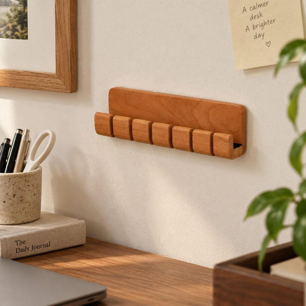 Wooden cord holder with multiple slots for organizing charging cables and everyday device cords.
