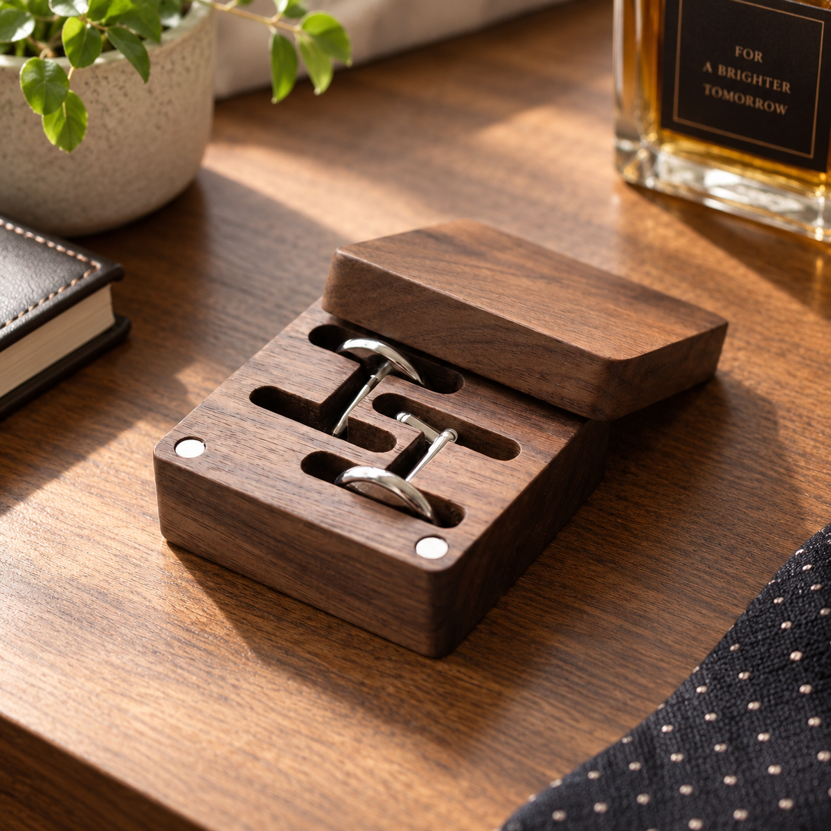 Wooden cufflink box styled as a thoughtful gift for men, groomsmen, weddings, or formal accessories storage.