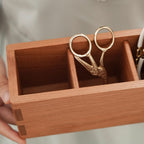 Wooden desk organizer for storing small tools, stationery, cosmetics, and personal accessories.