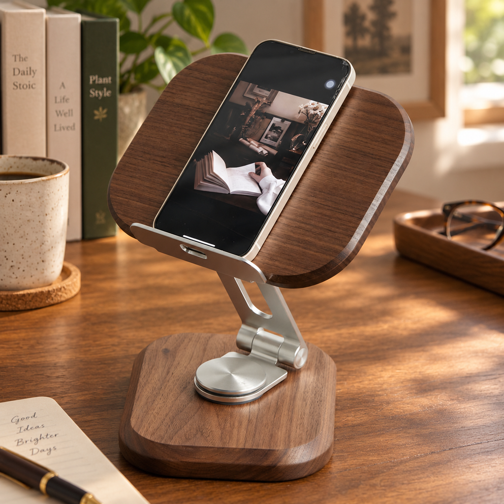 Wooden device stand for desk use, suitable for holding a phone or tablet in a comfortable viewing position.