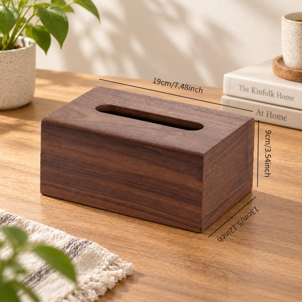 Wooden facial tissue box cover styled in a warm home setting for use on a desk, nightstand, or coffee table.