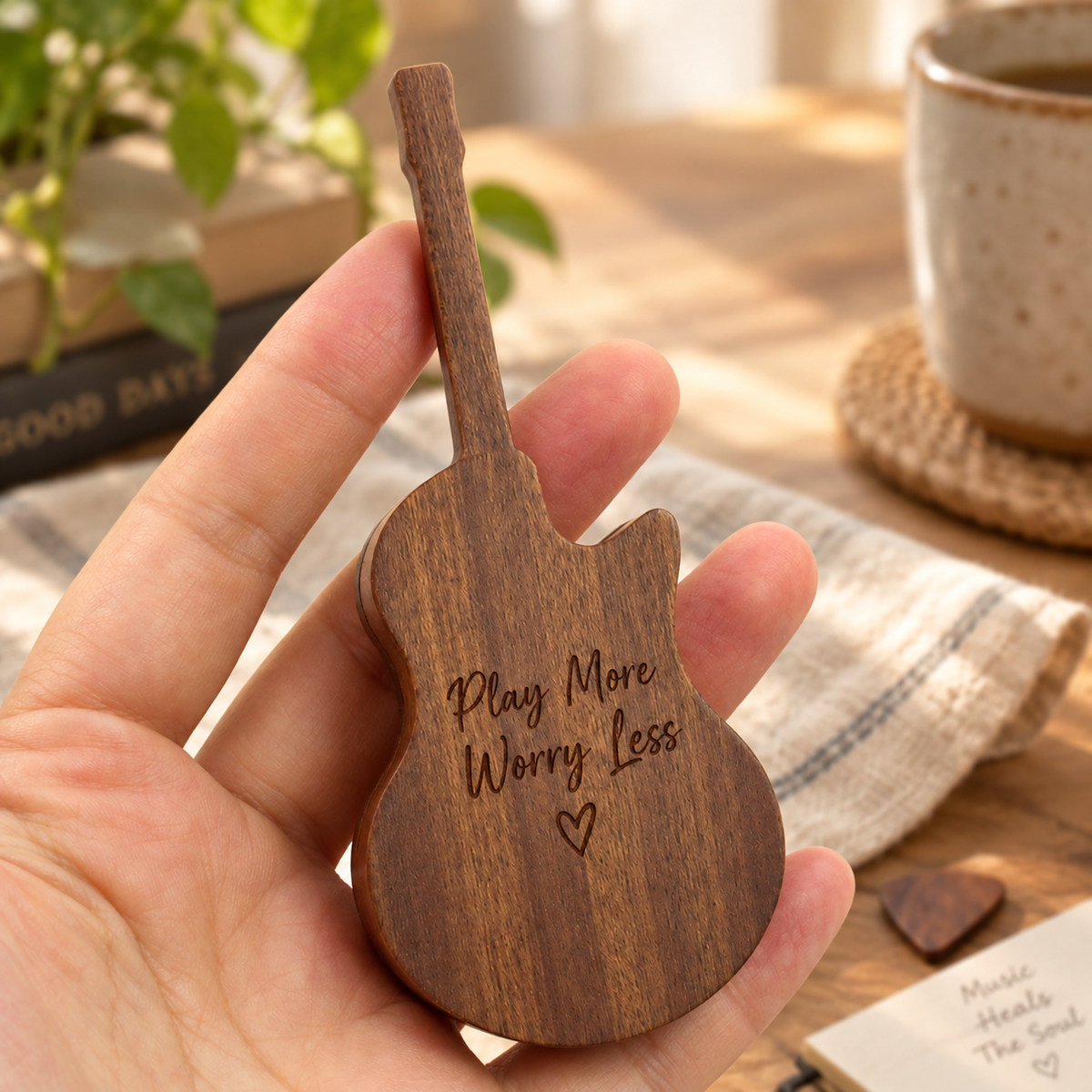 Wooden guitar pick storage case with magnetic lid in black walnut, designed for organizing guitar picks.