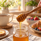 Wooden honey dipper stick made from olive wood for drizzling honey over toast, oatmeal, and tea.