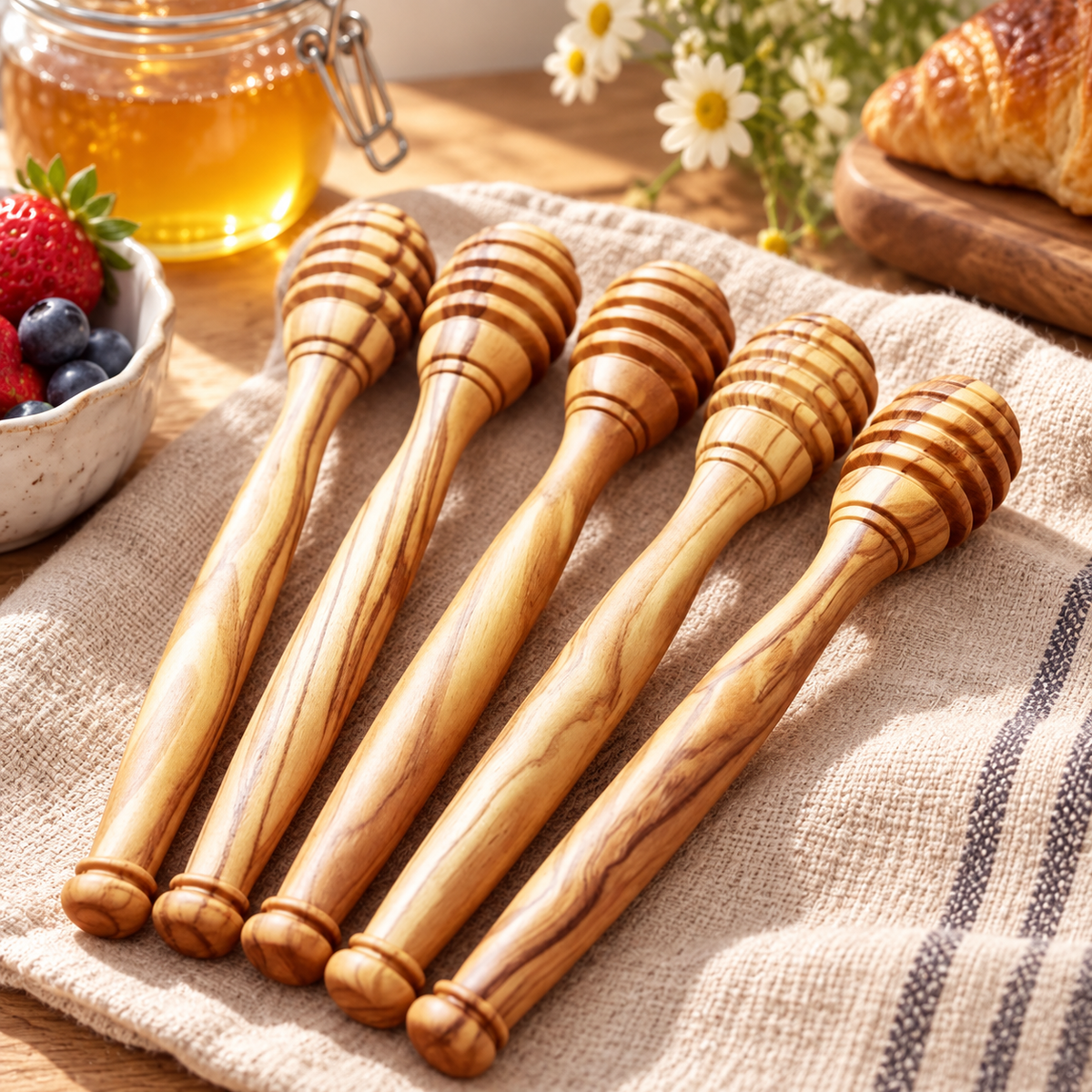 Wooden honey drizzler styled on a breakfast table with honey, bread, and fruit for everyday use.