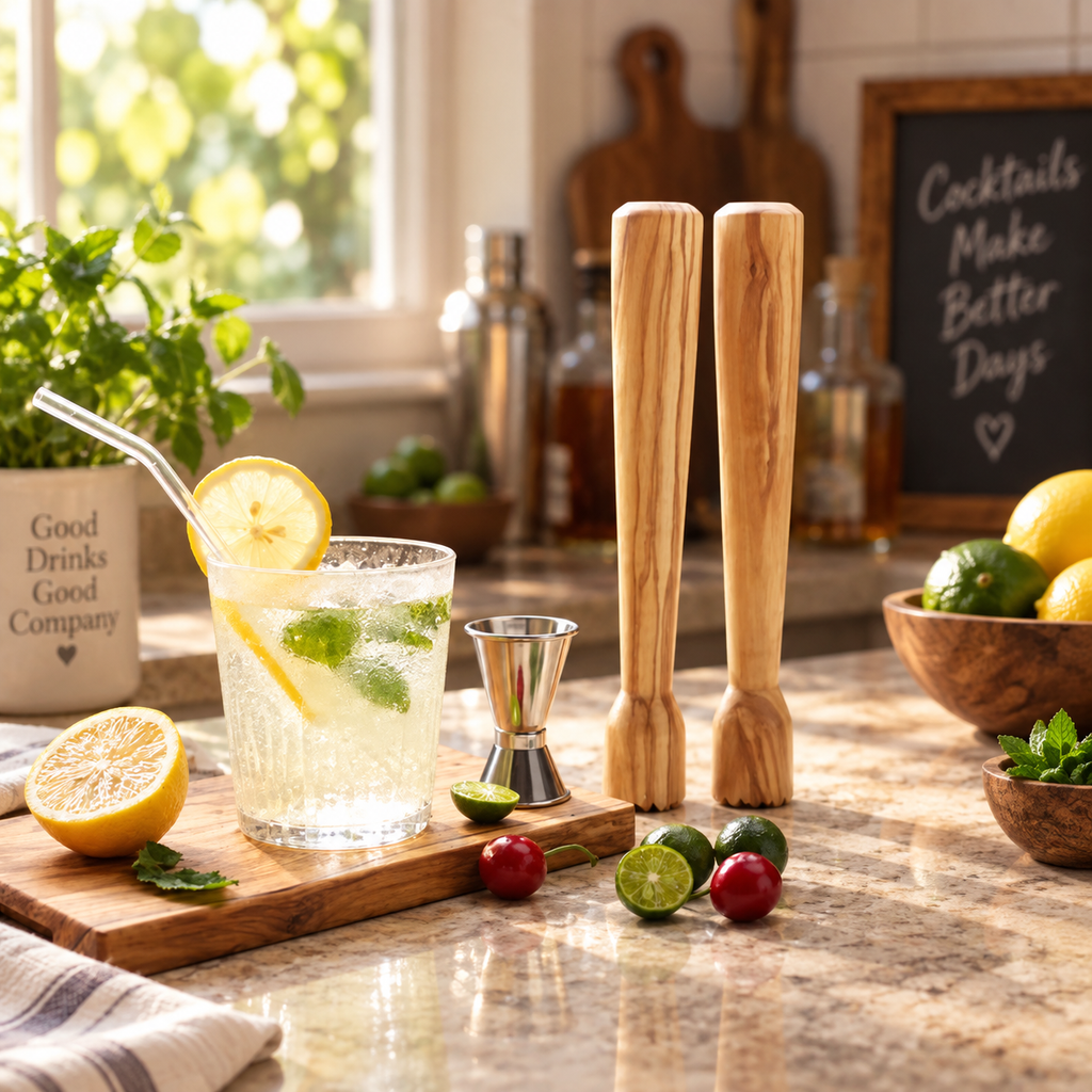 Wooden ice crusher tool for preparing crushed ice in a home bar or cocktail serving setup.