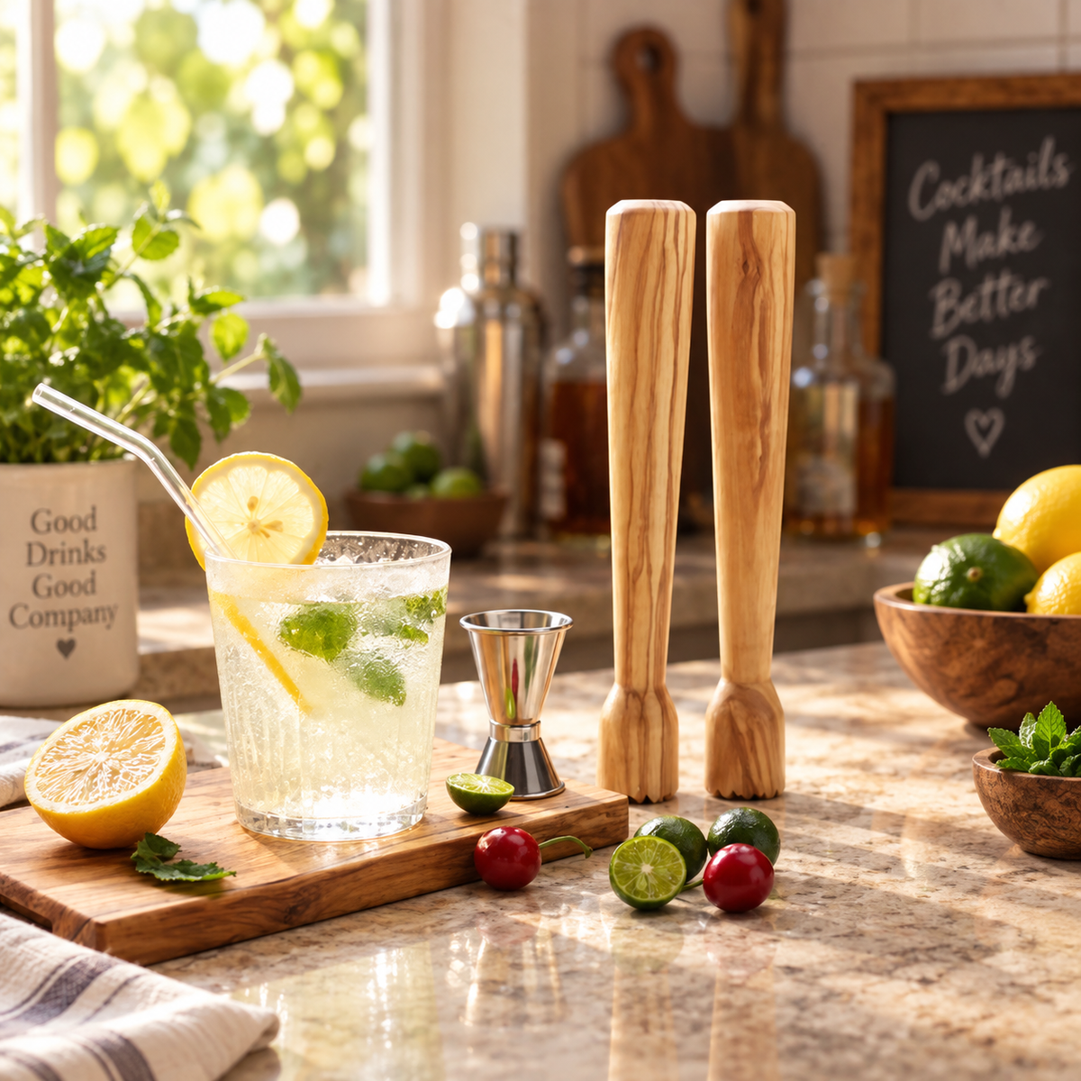 Wooden ice crusher tool for preparing crushed ice in a home bar or cocktail serving setup.