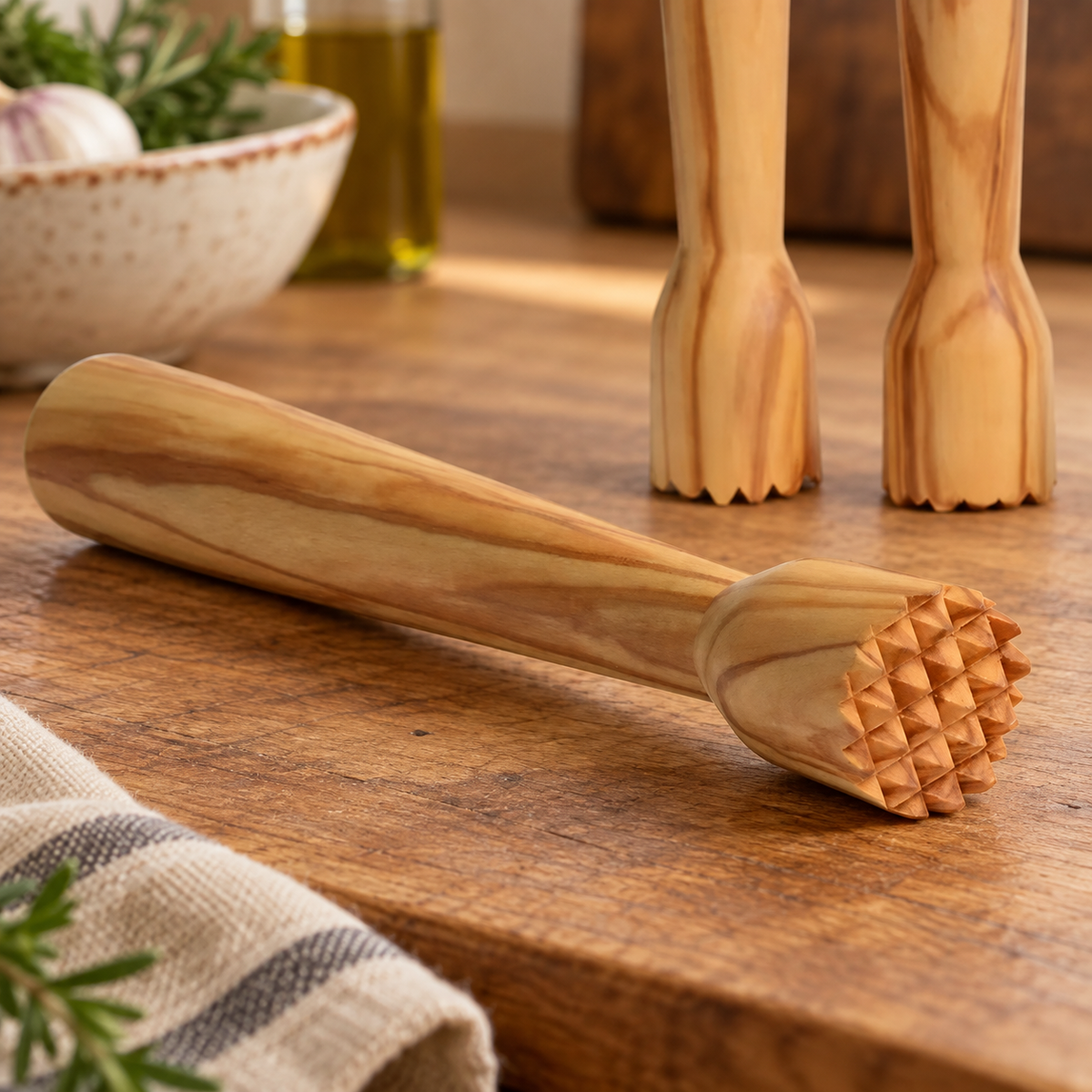 Wooden ice mallet made from olive wood for crushing ice for cocktails and home bar drinks.