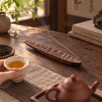 Wooden incense holder styled in a calm home setting with soft light, a ceramic vase, and a candle.