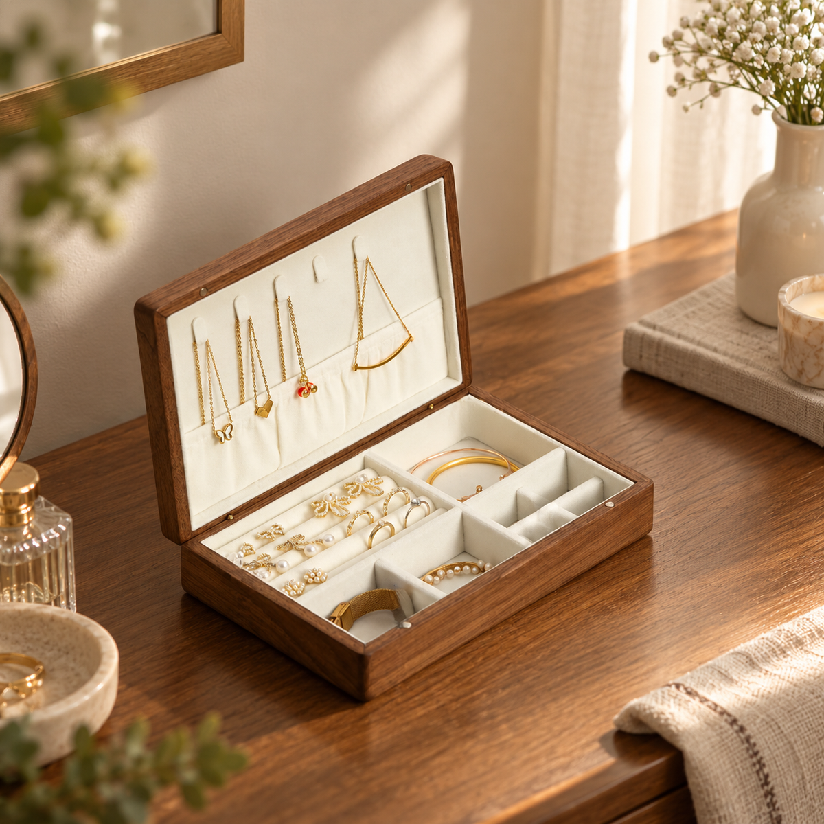 Wooden jewelry box with built-in necklace hooks and a soft interior for keeping delicate jewelry neat and protected.