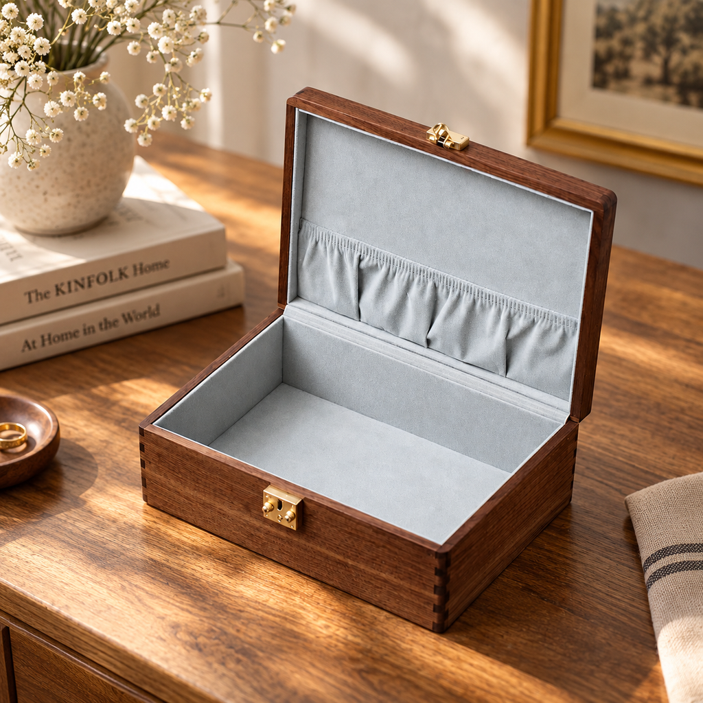 Wooden keepsake box with a soft lined interior and hinged lid for storing treasured items.