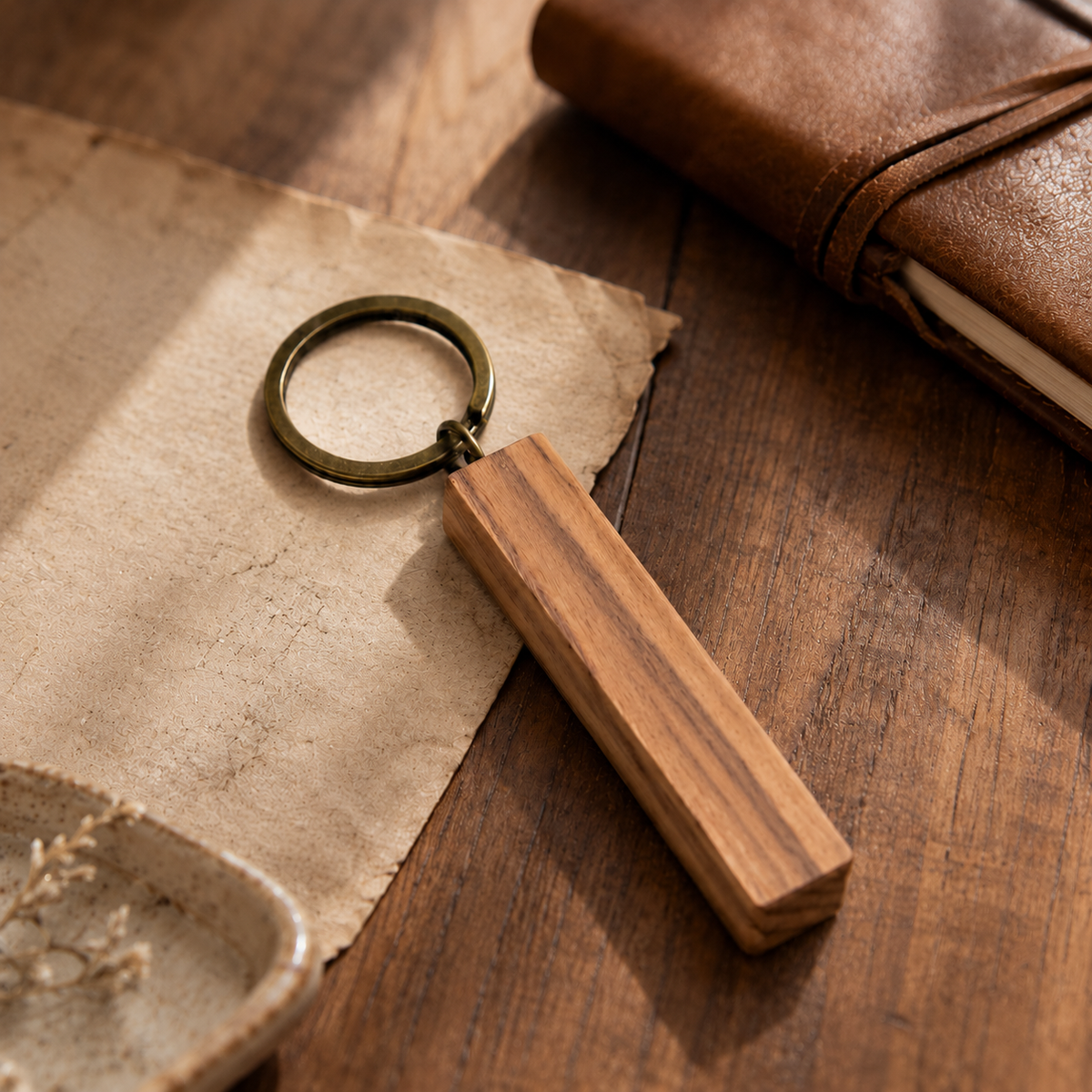 Wooden keychain with a simple rectangular design and natural wood grain, styled beside a notebook in warm light.