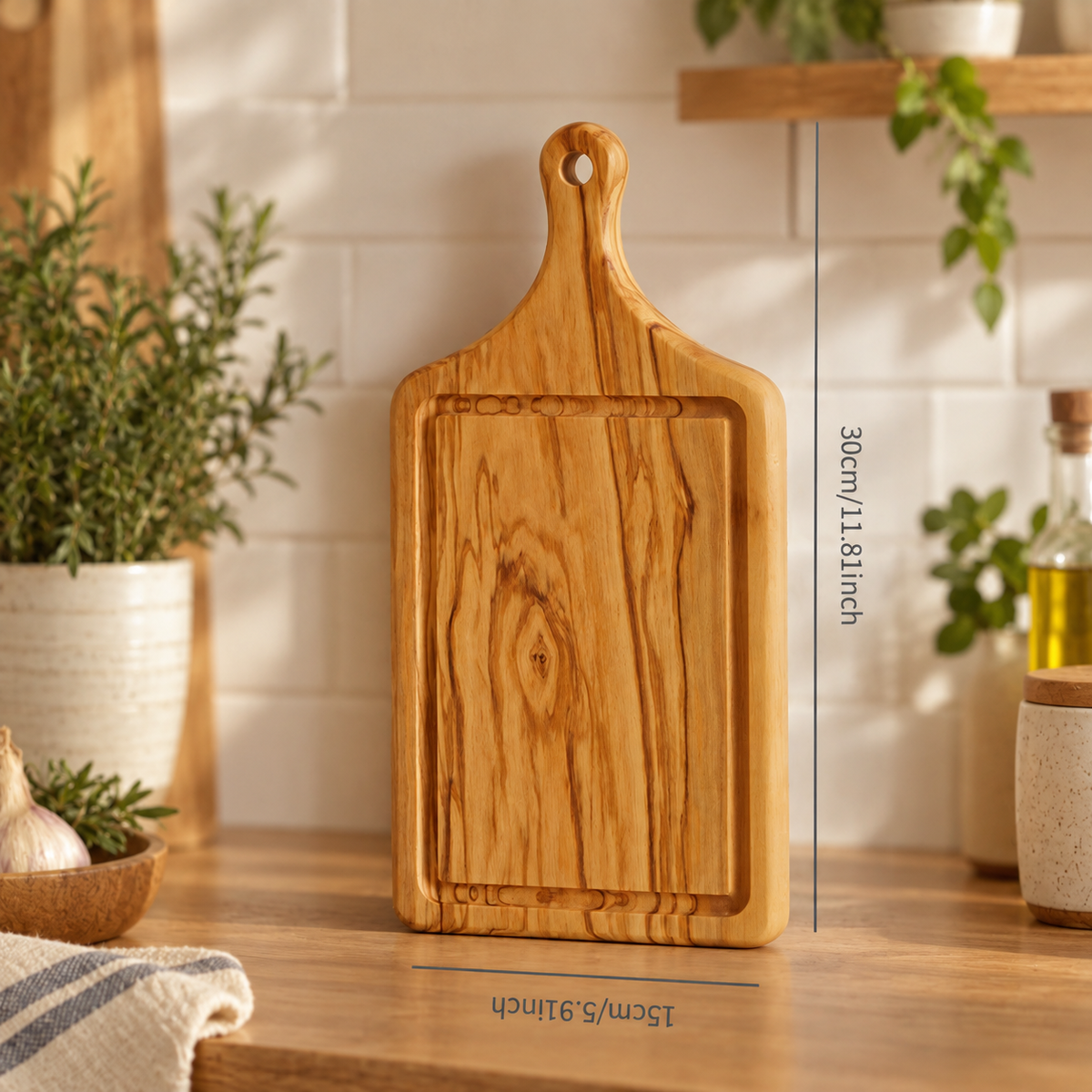Wooden olive wood meat serving board for steaks, roasted meats, and casual home dining.