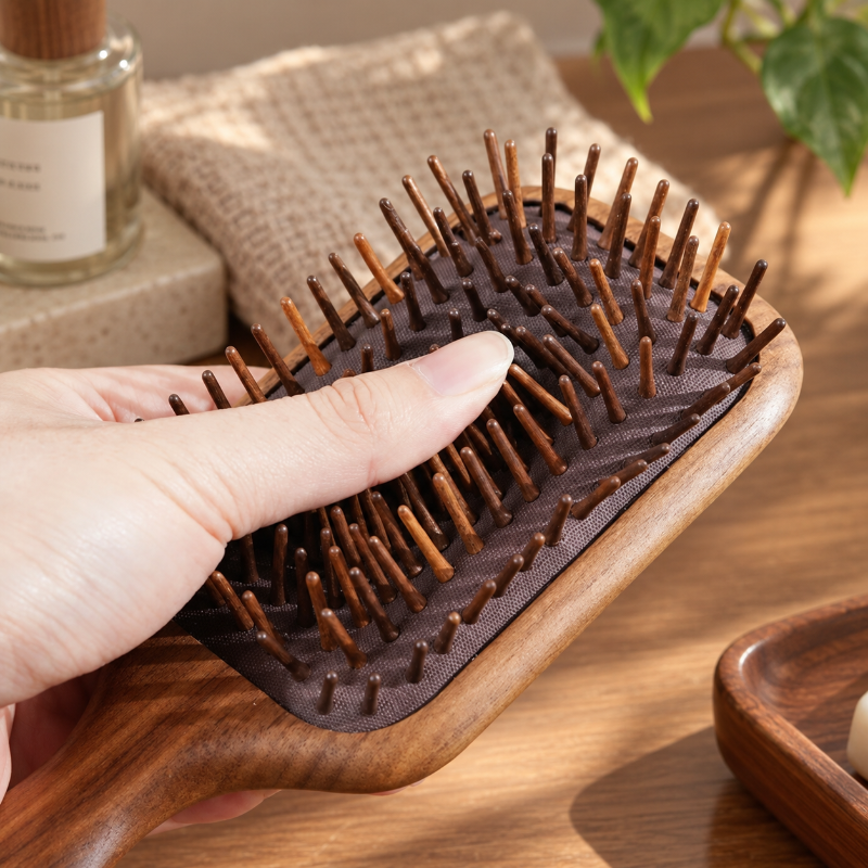 Close-up of wooden pins set into the cushioned head of a black walnut paddle hair brush.
