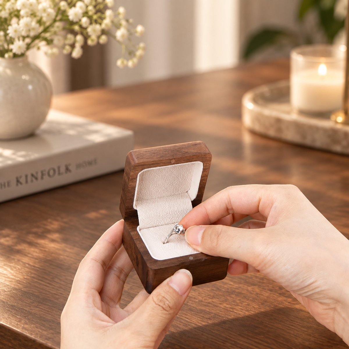 Wooden ring box opened to display a ring inside, showing the compact design and natural black walnut grain.