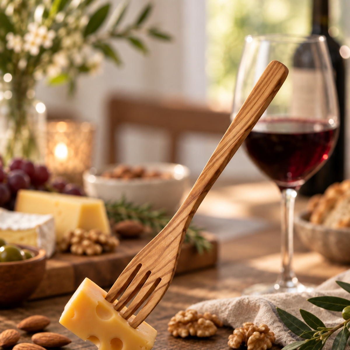 Wooden salad serving fork made from olive wood for serving salads, vegetables, and shared dishes.