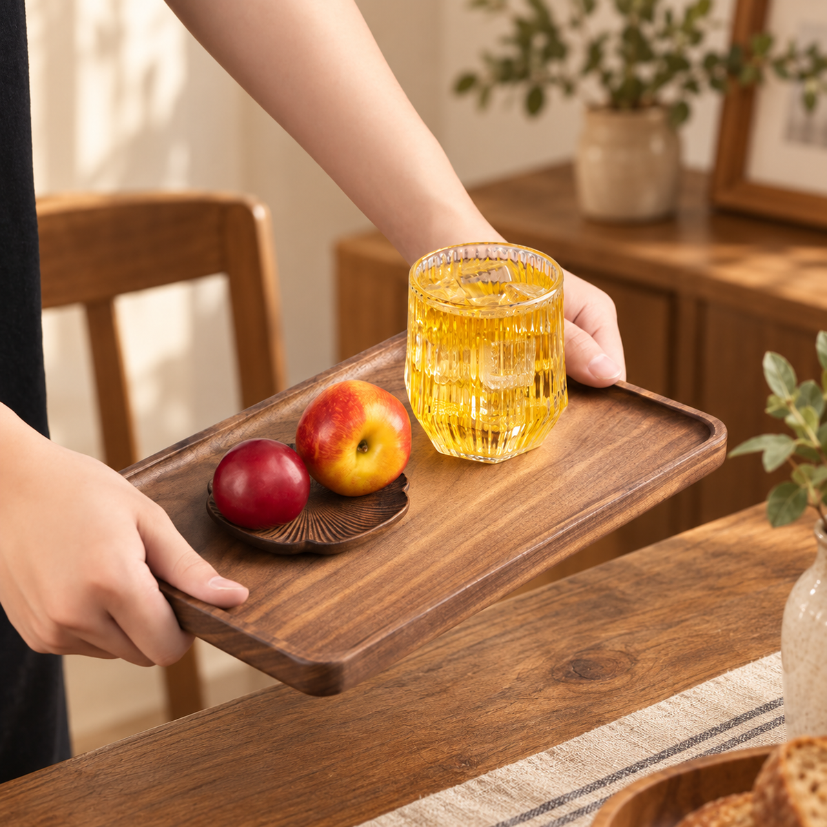 Wooden serving tray styled for everyday use on a kitchen counter, dining table, or coffee table.