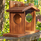 Wooden squirrel feeder shown with a size guide, entrance openings, roof structure, and mounting hardware for outdoor use.