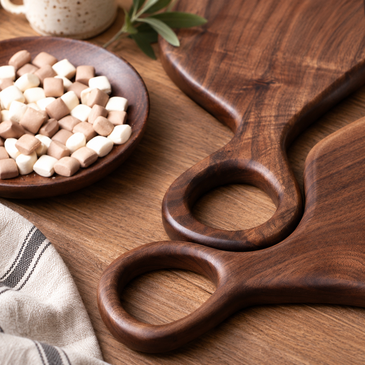 Wooden steak serving board with a rounded handle for serving steak, bread, cheese, and everyday meals.