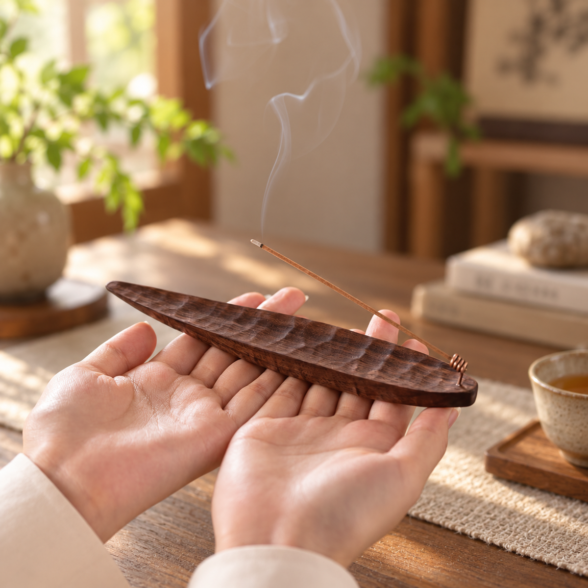 Wooden stick incense holder designed to hold incense securely while catching falling ash.