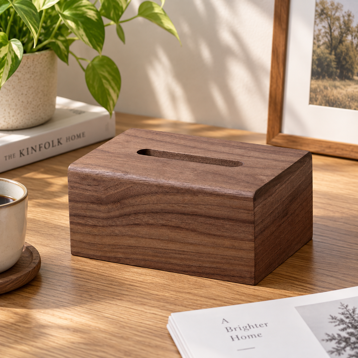 Wooden tissue box holder made from black walnut for neatly storing and dispensing facial tissues.