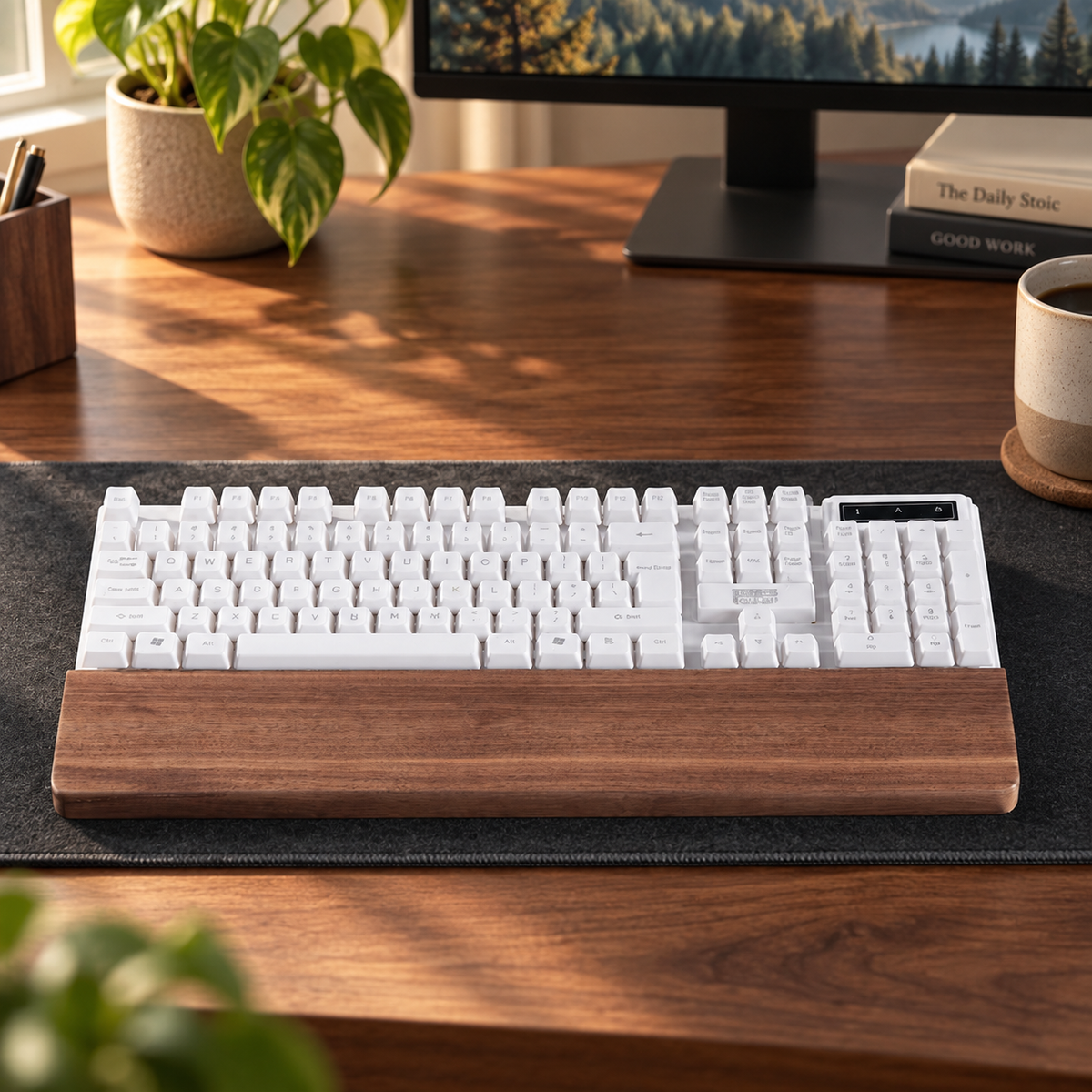 Wooden wrist rest for a mechanical keyboard, styled on a desk with a mouse, monitor, and coffee mug.
