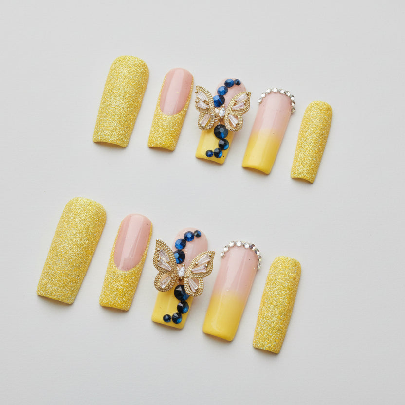 Xiguranail yellow butterfly handmade nails, 3D press on nails, reusable nails,coffin false nails, custom press on nails