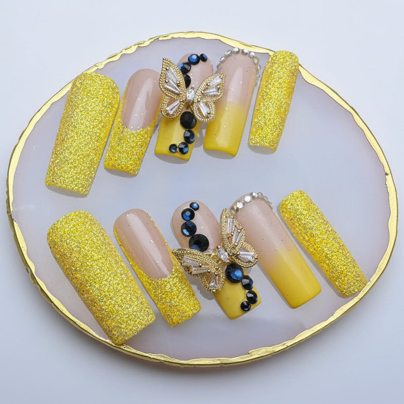 Xiguranail yellow butterfly handmade nails, 3D press on nails, reusable nails,coffin false nails, custom press on nails