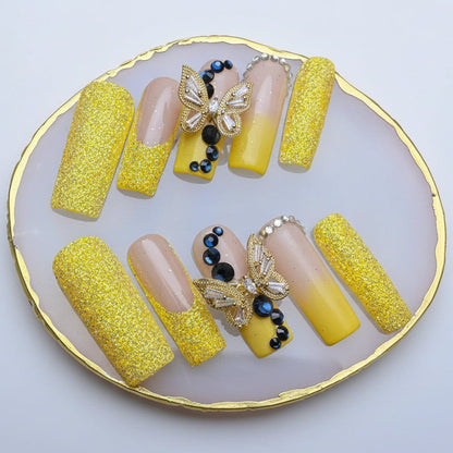 Xiguranail yellow butterfly handmade nails, 3D press on nails, reusable nails,coffin false nails, custom press on nails