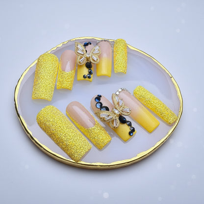 Xiguranail yellow butterfly handmade nails, 3D press on nails, reusable nails,coffin false nails, custom press on nails