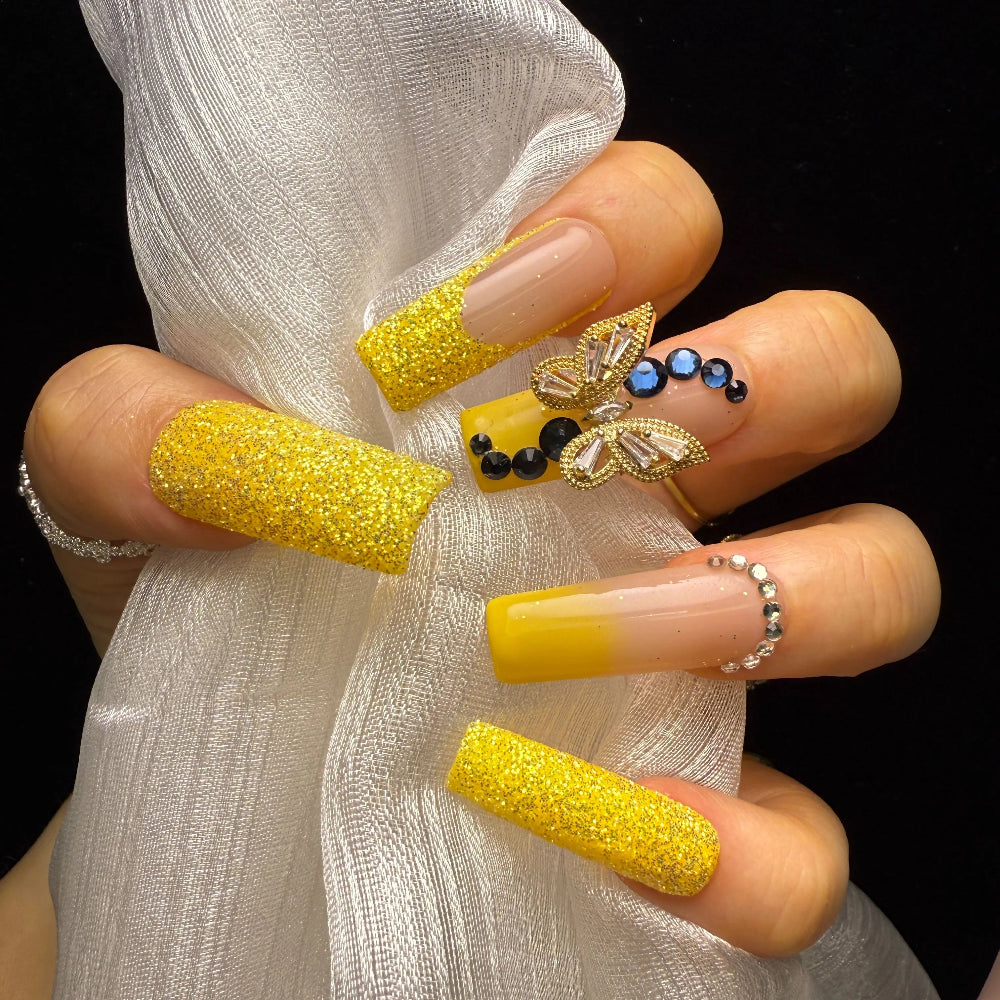 Xiguranail yellow butterfly handmade nails, 3D press on nails, reusable nails,coffin false nails, custom press on nails