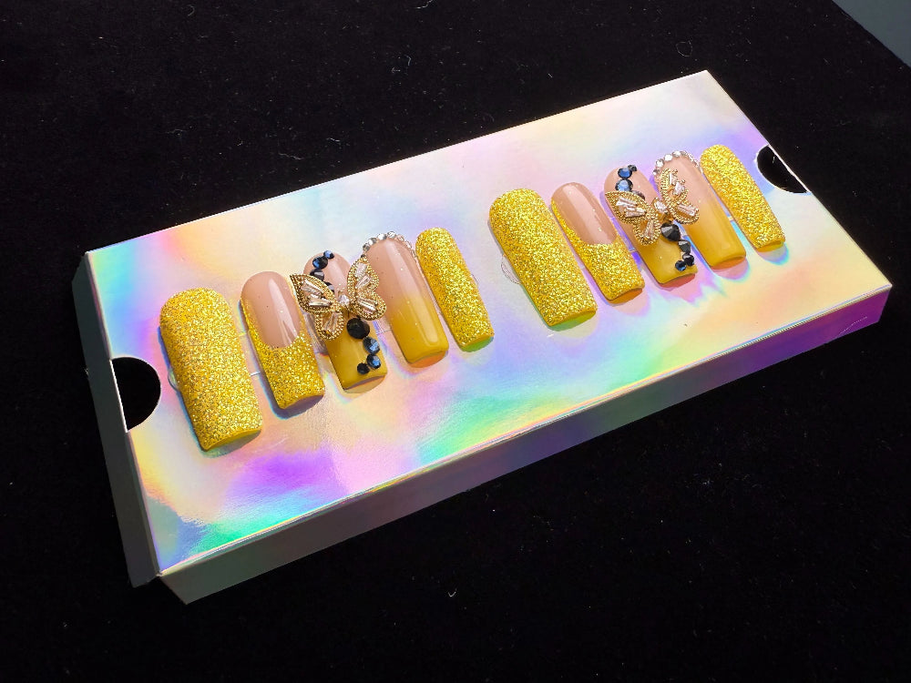 Xiguranail yellow butterfly handmade nails, 3D press on nails, reusable nails,coffin false nails, custom press on nails